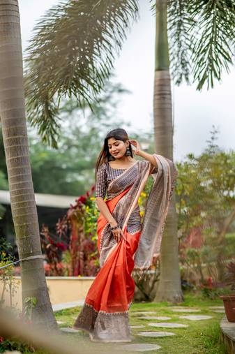 Dark Orange Soft Tussar Silk Saree With Beautiful Madhubani Print Pallu With Blouse