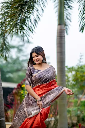 Dark Orange Soft Tussar Silk Saree With Beautiful Madhubani Print Pallu With Blouse