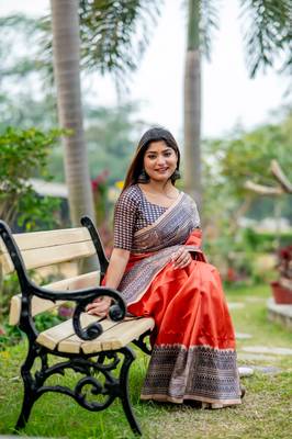 Dark Orange Soft Tussar Silk Saree With Beautiful Madhubani Print Pallu With Blouse 3