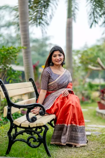 Dark Orange Soft Tussar Silk Saree With Beautiful Madhubani Print Pallu With Blouse