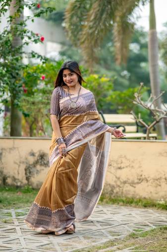 Chiku Soft Tussar Silk Saree With Beautiful Madhubani Print Pallu With Blouse