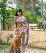 Chiku Soft Tussar Silk Saree With Beautiful Madhubani Print Pallu With Blouse