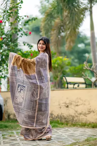 Chiku Soft Tussar Silk Saree With Beautiful Madhubani Print Pallu With Blouse