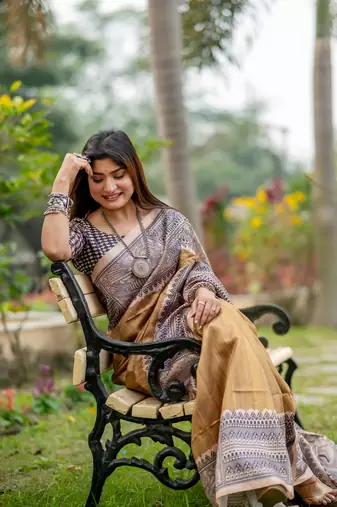 Chiku Soft Tussar Silk Saree With Beautiful Madhubani Print Pallu With Blouse