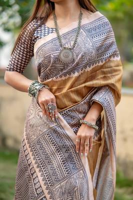 Chiku Soft Tussar Silk Saree With Beautiful Madhubani Print Pallu With Blouse 4