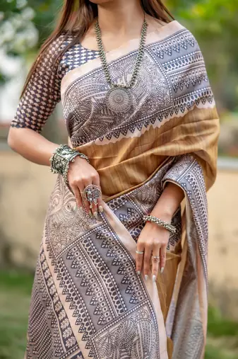 Chiku Soft Tussar Silk Saree With Beautiful Madhubani Print Pallu With Blouse