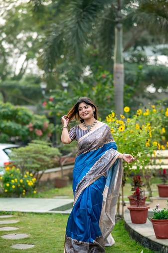 Blue Soft Tussar Silk Saree With Beautiful Madhubani Print Pallu With Blouse