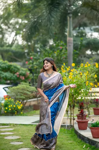 Blue Soft Tussar Silk Saree With Beautiful Madhubani Print Pallu With Blouse