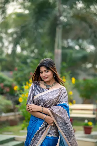 Blue Soft Tussar Silk Saree With Beautiful Madhubani Print Pallu With Blouse