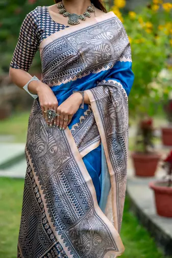Blue Soft Tussar Silk Saree With Beautiful Madhubani Print Pallu With Blouse