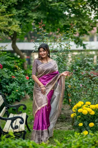 Purple Soft Tussar Silk Saree With Beautiful Madhubani Print Pallu With Blouse