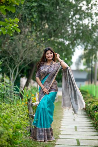 Teal Soft Tussar Silk Saree With Beautiful Madhubani Print Pallu With Blouse