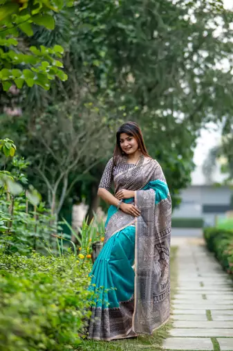 Teal Soft Tussar Silk Saree With Beautiful Madhubani Print Pallu With Blouse