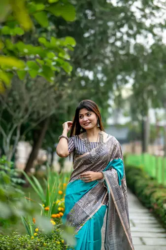 Teal Soft Tussar Silk Saree With Beautiful Madhubani Print Pallu With Blouse