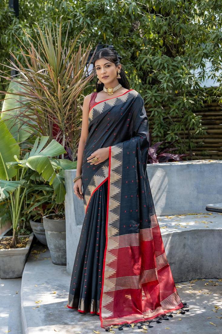 Black Semi Tussar Silk Saree With Bandhani Style Temple Border With Blouse