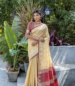 Cream Semi Tussar Silk Saree With Bandhani Style Temple Border With Blouse