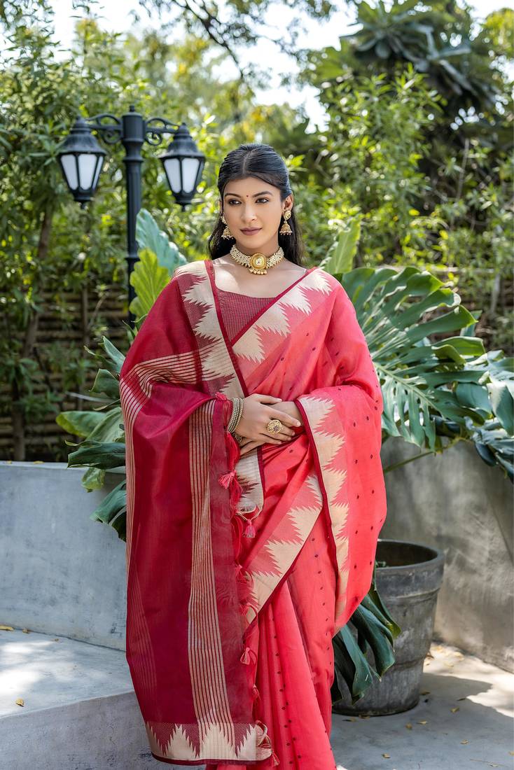 Gajri Semi Tussar Silk Saree With Bandhani Style Temple Border With Blouse