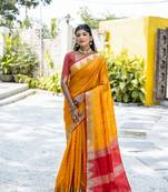 Mustard Semi Tussar Silk Saree With Bandhani Style Temple Border With Blouse