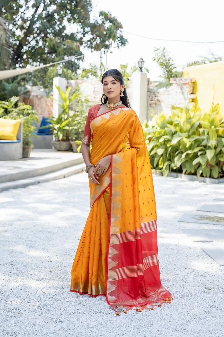 Mustard Semi Tussar Silk Saree With Bandhani Style Temple Border With Blouse