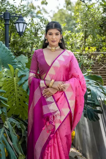 Pink Semi Tussar Silk Saree With Bandhani Style Temple Border With Blouse
