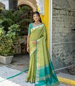 Pista Green Semi Tussar Silk Saree With Bandhani Style Temple Border With Blouse