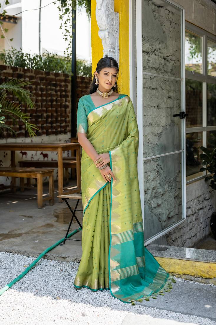 Pista Green Semi Tussar Silk Saree With Bandhani Style Temple Border With Blouse