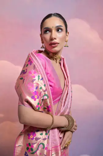 Baby Pink Soft Banarasi Saree With Kanjivaram Weaving Texture And Contrast Weaving Border With Blouse