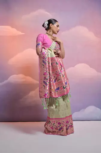 Pista Green Soft Banarasi Saree With Kanjivaram Weaving Texture And Contrast Weaving Border With Blouse