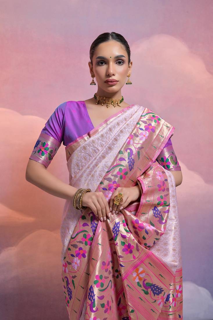 Purple Soft Banarasi Saree With Kanjivaram Weaving Texture And Contrast Weaving Border With Blouse