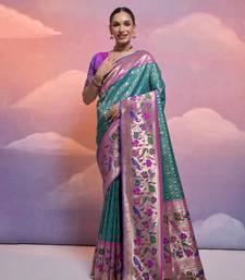 Rama Soft Banarasi Saree With Kanjivaram Weaving Texture And Contrast Weaving Border With Blouse