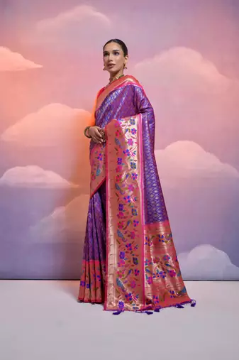 Royal Blue Soft Banarasi Saree With Kanjivaram Weaving Texture And Contrast Weaving Border With Blouse