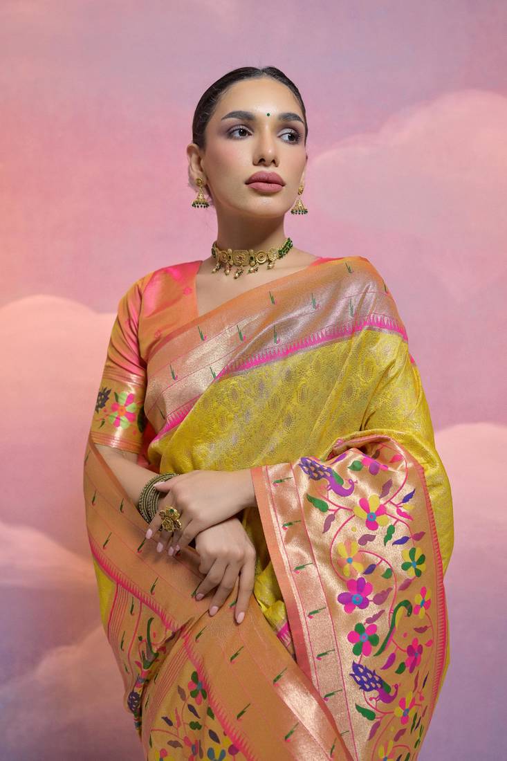 Yellow Soft Banarasi Saree With Kanjivaram Weaving Texture And Contrast Weaving Border With Blouse
