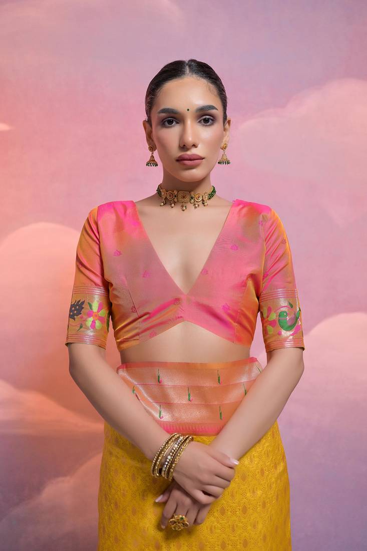 Yellow Soft Banarasi Saree With Kanjivaram Weaving Texture And Contrast Weaving Border With Blouse