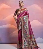 Wine Soft Banarasi Saree With Kanjivaram Weaving Texture And Contrast Weaving Border With Blouse