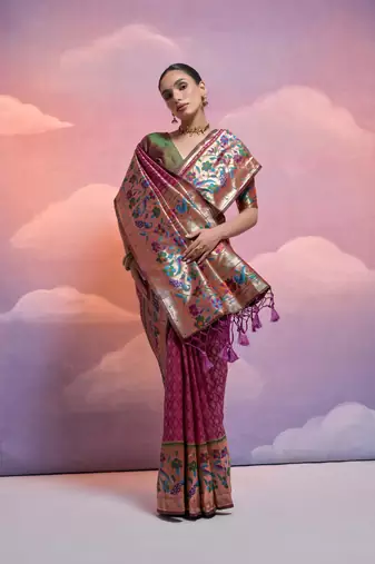 Wine Soft Banarasi Saree With Kanjivaram Weaving Texture And Contrast Weaving Border With Blouse