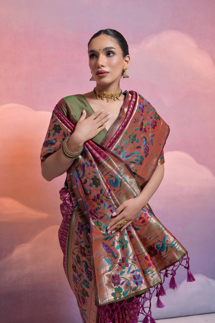 Wine Soft Banarasi Saree With Kanjivaram Weaving Texture And Contrast Weaving Border With Blouse