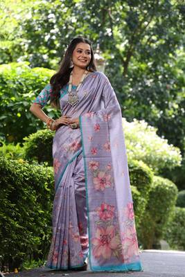 Lavender Soft Tussar Silk Saree With Floral Print Pallu And Border With Blouse 1