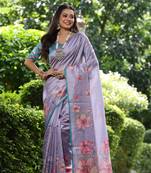 Lavender Soft Tussar Silk Saree With Floral Print Pallu And Border With Blouse