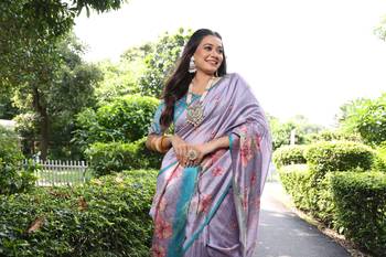 Lavender Soft Tussar Silk Saree With Floral Print Pallu And Border With Blouse 4