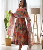 TABBY ORGANJA SILK FABRIC FULLY FLAIR KALI PATTERN AND CANVAS PATTA WITH DUPPTA SET ,PENT READY TO WEAR