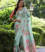 Sea Green Soft Tussar Silk Saree With Floral Print Pallu And Border With Blouse