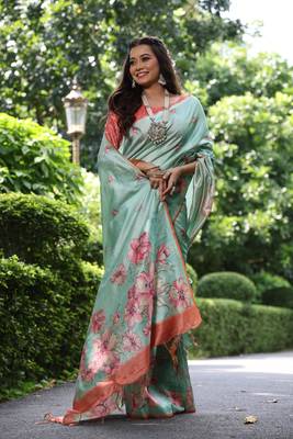 Sea Green Soft Tussar Silk Saree With Floral Print Pallu And Border With Blouse 2