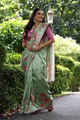 Pista Green Soft Tussar Silk Saree With Floral Print Pallu And Border With Blouse 1