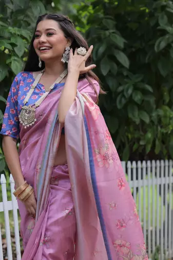 Pink Soft Tussar Silk Saree With Floral Print Pallu And Border With Blouse