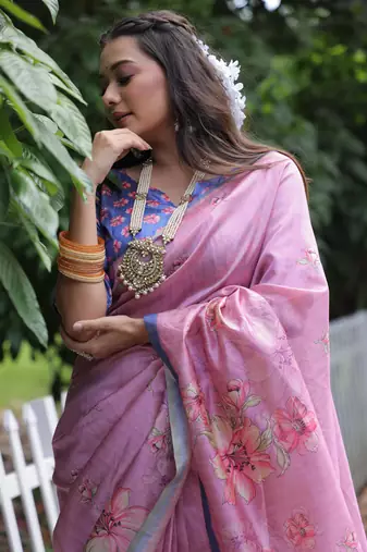 Pink Soft Tussar Silk Saree With Floral Print Pallu And Border With Blouse