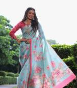 Sky Blue Soft Tussar Silk Saree With Floral Print Pallu And Border With Blouse