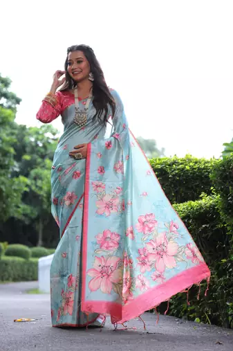 Sky Blue Soft Tussar Silk Saree With Floral Print Pallu And Border With Blouse