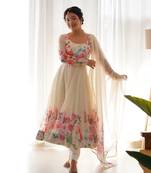 PURE SOFT ORGANJA SILK FABRIC FULLY FLAIR KALI PATTERN AND CANVAS PATTA WITH DUPPTA SET ,PENT READY TO WEAR