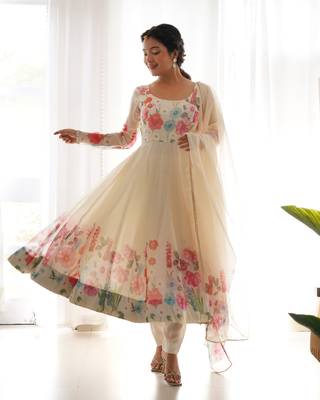 PURE SOFT ORGANJA SILK FABRIC FULLY FLAIR KALI PATTERN AND CANVAS PATTA WITH DUPPTA SET ,PENT READY TO WEAR 2