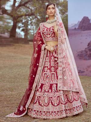 Maroon Pure silk Moti  Sequins embroidery Semi-Stitched Bridel Lehenga choli & Dupatta 1
